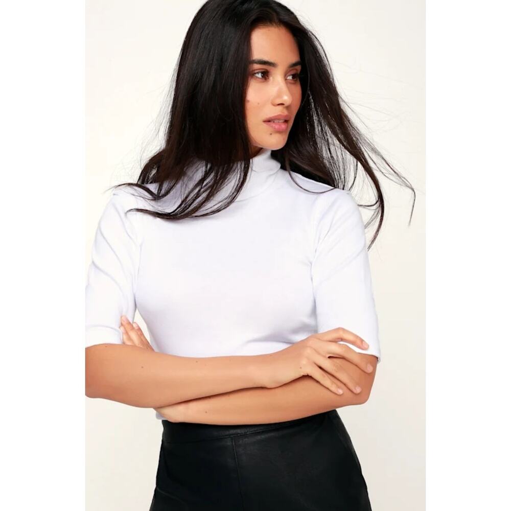 Free People Sunshine White Turtleneck Half Sleeve Fitted Top Womens MED NWT‎